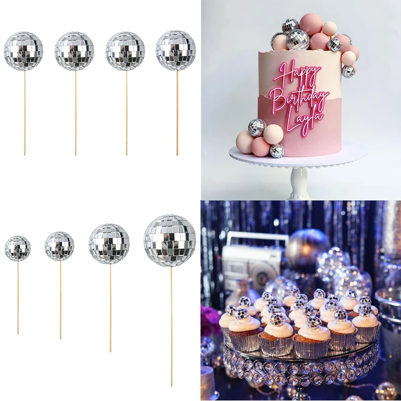 5/10pcs Mirror Ball Cake Toppers Silver Disco Ball Cake Decorations 70s Retro Disco Themed Dance Party Birthday Party Supplies