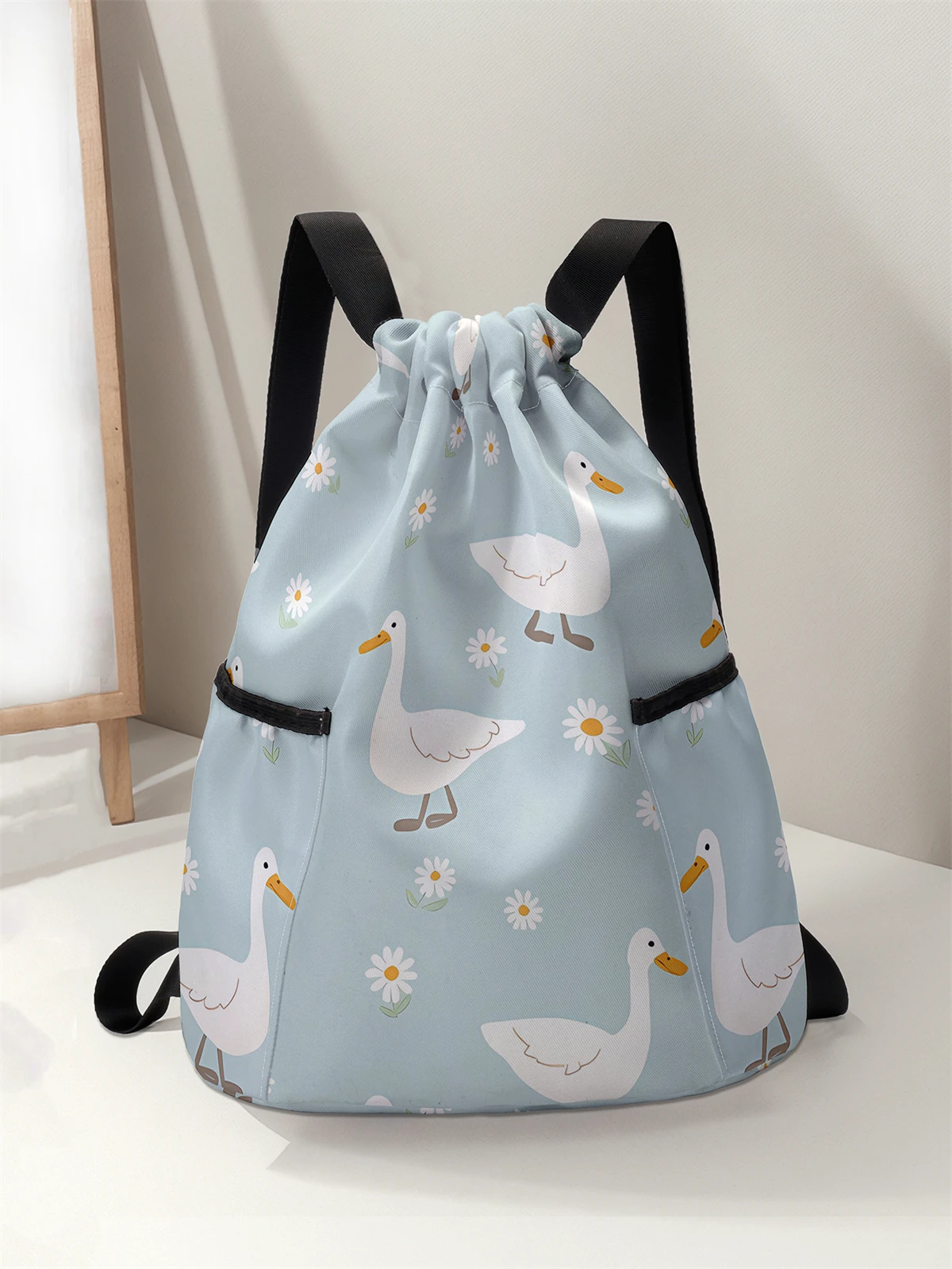 

Duck Pattern Printed Drawstring Backpack - Large Capacity Durable Fitness Bag, Adjustable Shoulder Straps, Sports Beach Backpack