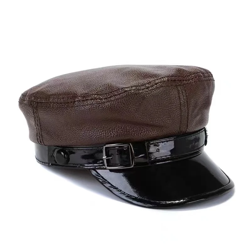 Flat Top Leather Hat For Men Fashionable Male Cowhide Patent Leather Patchwork Korean Student Caps British Trendy Thin Gorra