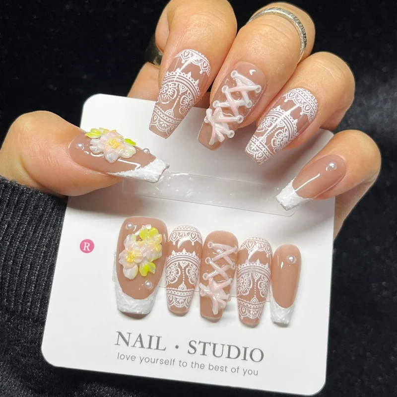 Faux ongles français à motifs floraux colorés, brillant, rose doux, paillettes, cercueil moyen, à pression, uniques, faits à la main, 10 pièces