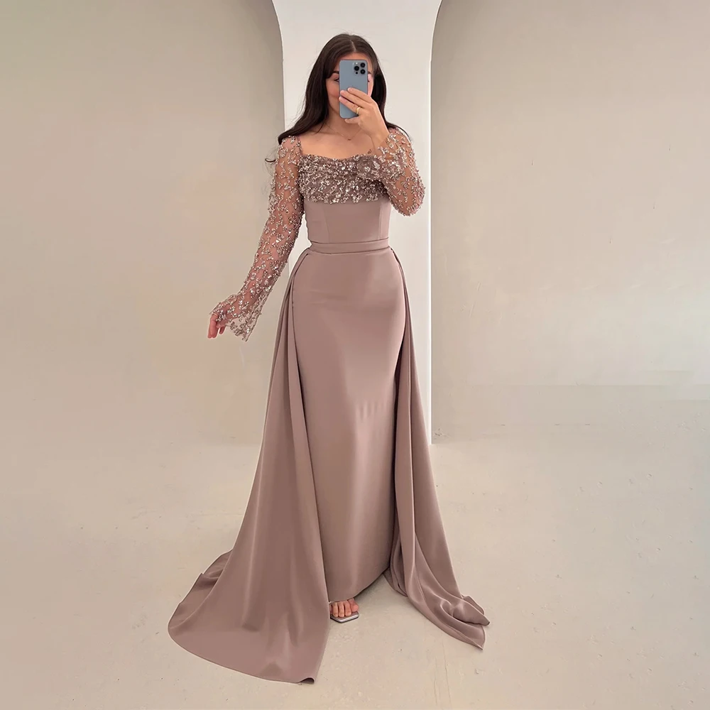 

Elegant Mother of the Bride Dress Long Sleeve Lace Square Neck Backless Straight Formal Mother of the Groom Dress Customized