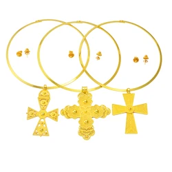 Anniyo Round Collar BIG Cross Pendant and Small Earrings Women Choker Ethiopian Jewelry sets Eritrean African Habesha #332406