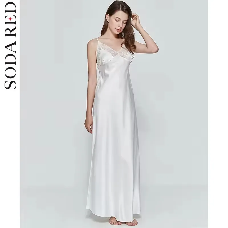 Lace Sexy Sling Sleeping Dress Satin Silk Sleepwear Women Faux Silk Long Bathrobes Female Sleeveless V-Neck Nightgowns C1618