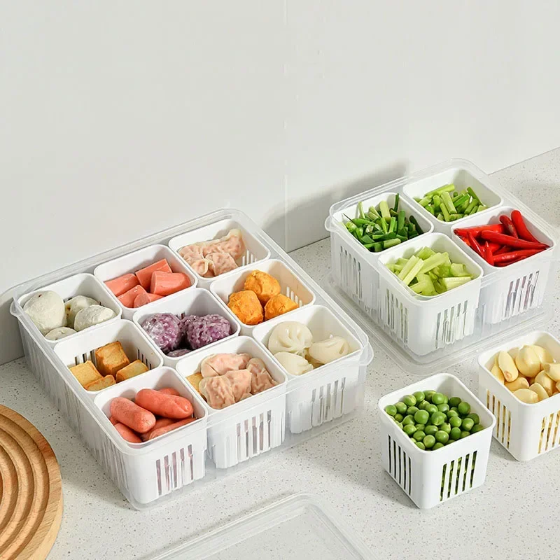 Kitchen Compartment Preservation Box Plastic Storage Green Onion Garlic Complementary Food Refrigerator 6/4 Grids Sealing Box