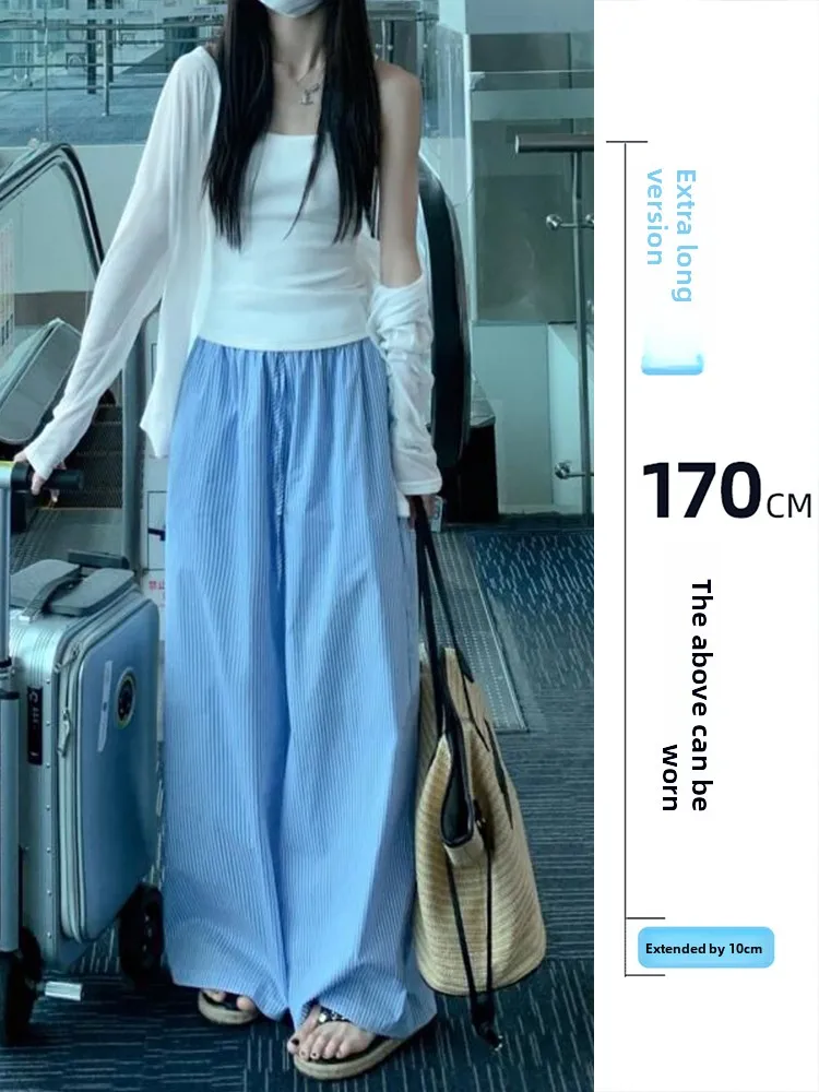 

Tall Women's Loose Fit Blue Striped Wide Leg Pants High Waist Conceal Meat Long Version Casual Pants Spring Early Commute Sle