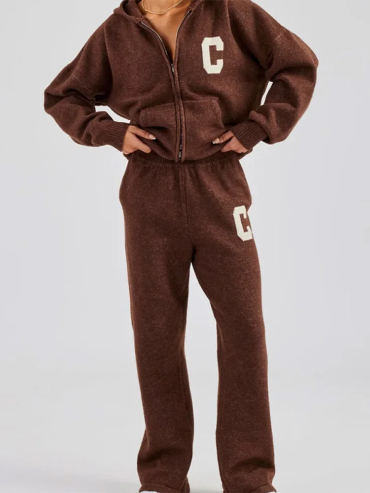 رسالة نمط متماسكة سترة بنطلون سيدة مجموعة مقنعين سستة جاكيتات عالية الخصر مستقيم السراويل الطويلة مجموعات المرأة عادية تنوعا