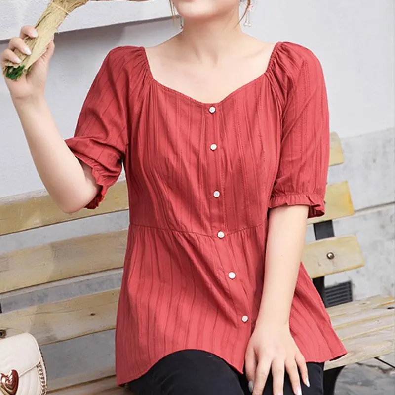 Office Lady Solid Color Stylish Jacquard Weave Blouse 2024 Summer Spliced Half Sleeve Casual Square Collar Single-breasted Shirt