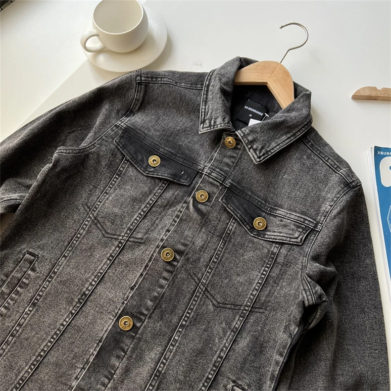 

High-Ounce Waed Vintage ing ey American Casual Denim Jaet Men's Faion Autumn Long Sve Classic Collar Jaet