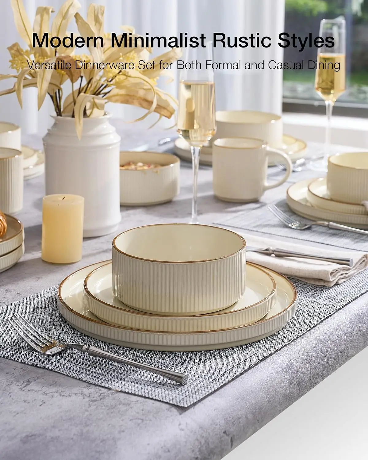 Ceramic Plates and Bowls Sets with Trim, 24pc Ribbed Dishes for 8 | Stoneware Dinnerware, Lipped Edges, Chip & Scratch Resistant view 2