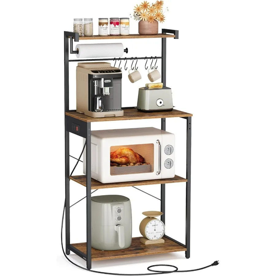 

Kitchen Bakers Rack with Power Outlet Coffee Bar 4Tier with 8 S Hooks Microwave Stand Adjustable Shelf for Small Spaces Rustic