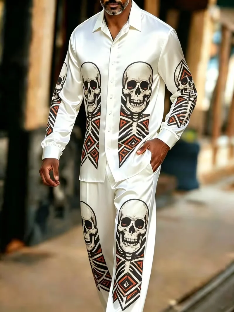 New brown rice gold checkerboard long sleeved set, retro light luxury men's shirt long pants two-piece set view 2