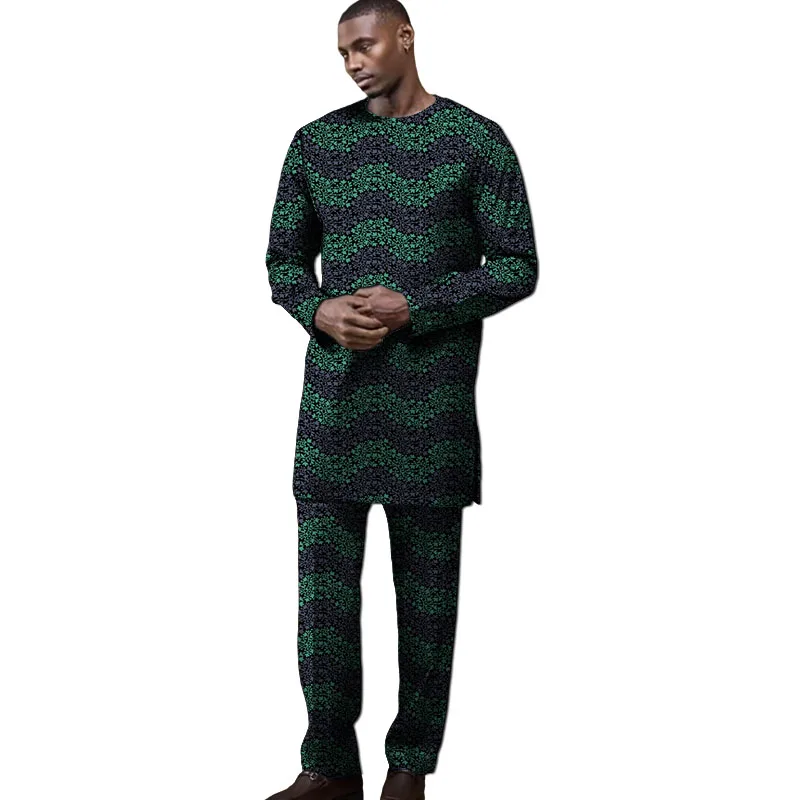 Retro Print African Couture Men's Party Set Full Sleeve Top With Trousers Male Basic Style Male Outfits Customized