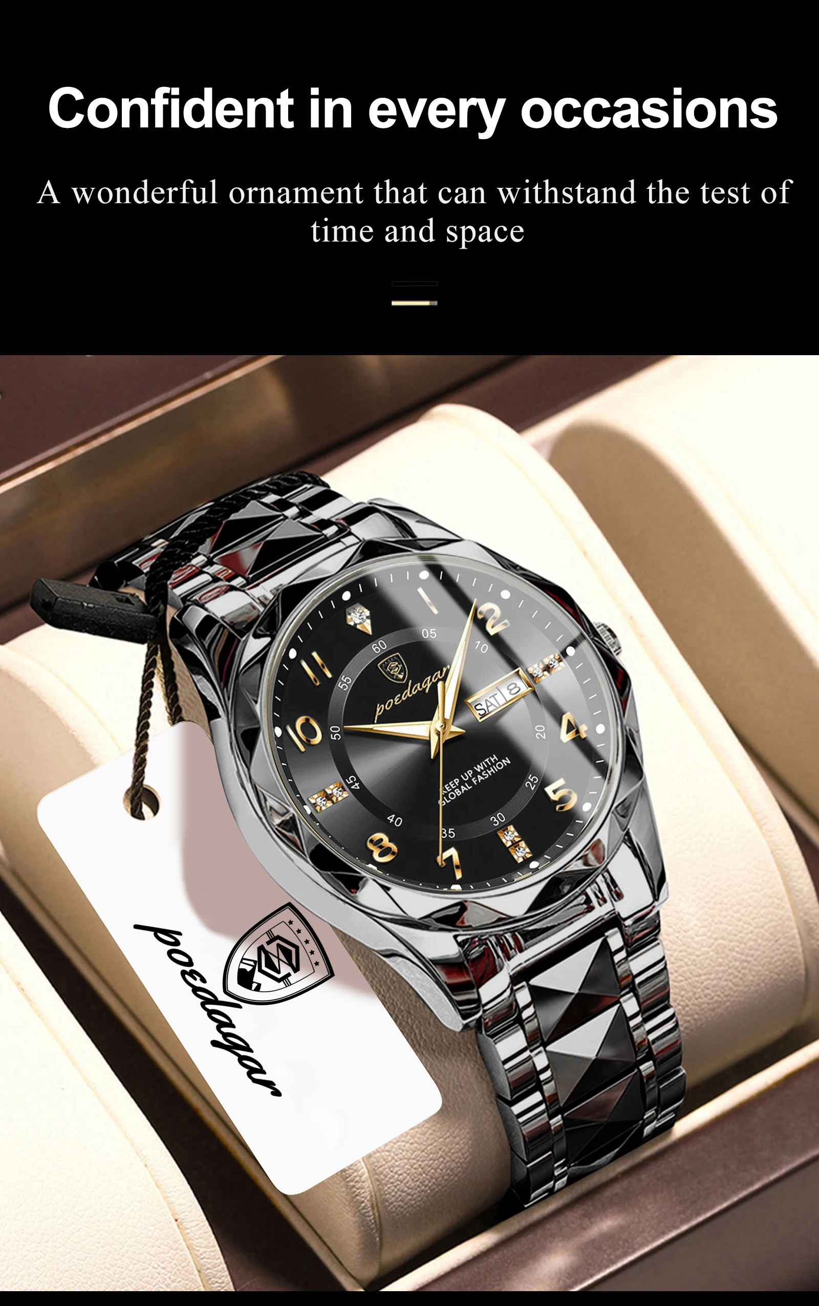 POEDAGAR Modische Luxus-Herrenuhr, Wasserdicht, Leuchtend, Quarz-Armbanduhr, Edelstahl, mit Datums- und Wochenanzeige, Casual-Herrenuhr, Reloj – Detail 14