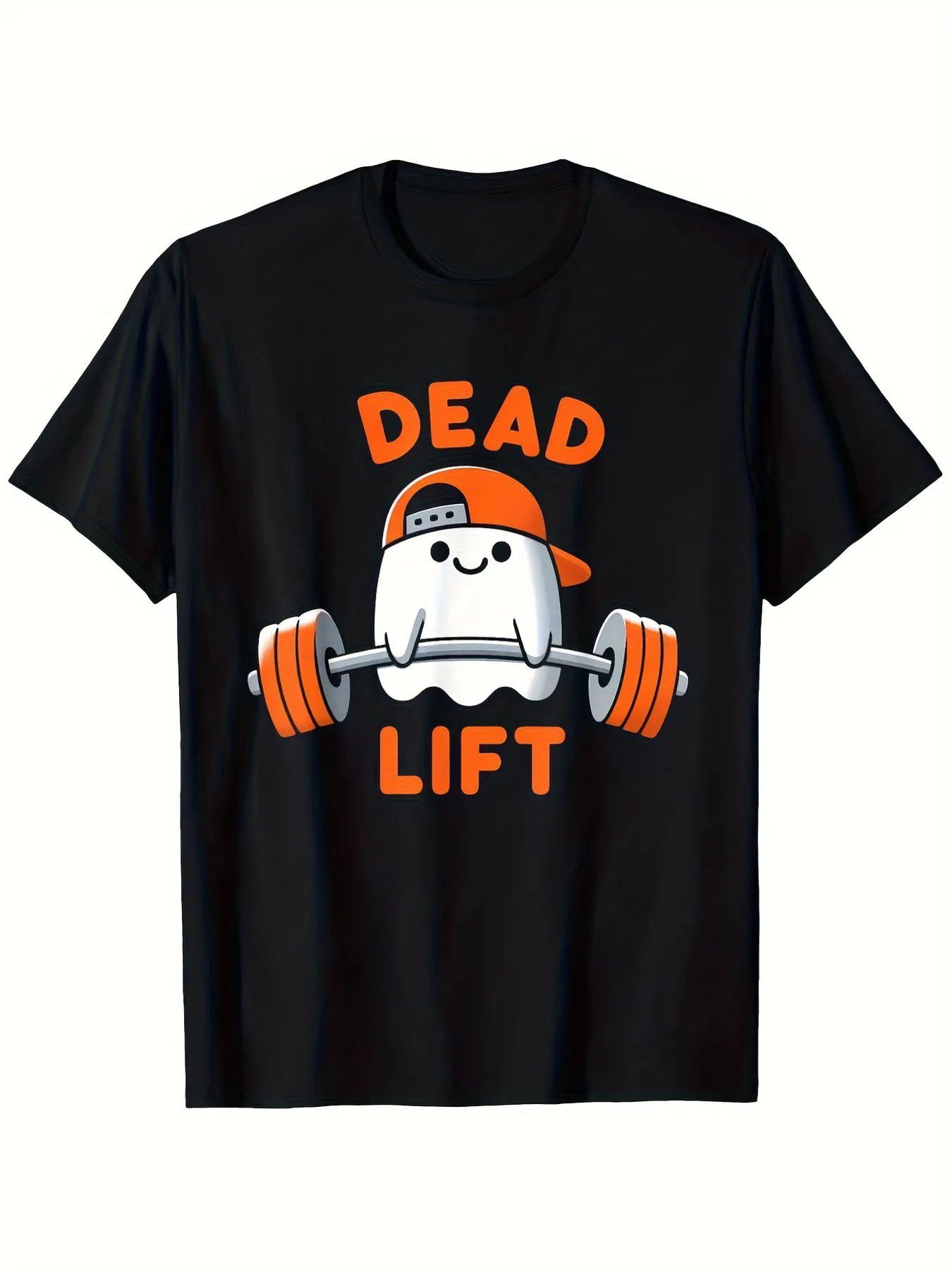 Funny Men's Black Graphic T-Shirt Dead Lift Ghost Weightlifting Barbell Orange Cap Bold Letter Print 100% Cotton Heavyweight Short Sleeve Casual Streetwear Tee