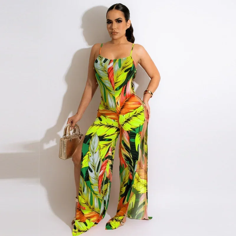 

KEXU Print Spaghetti Strap Wide Leg High Split Tie Women Jumpsuit 2024 Summer Beach Holiday Sexy Party Playsuit Overalls