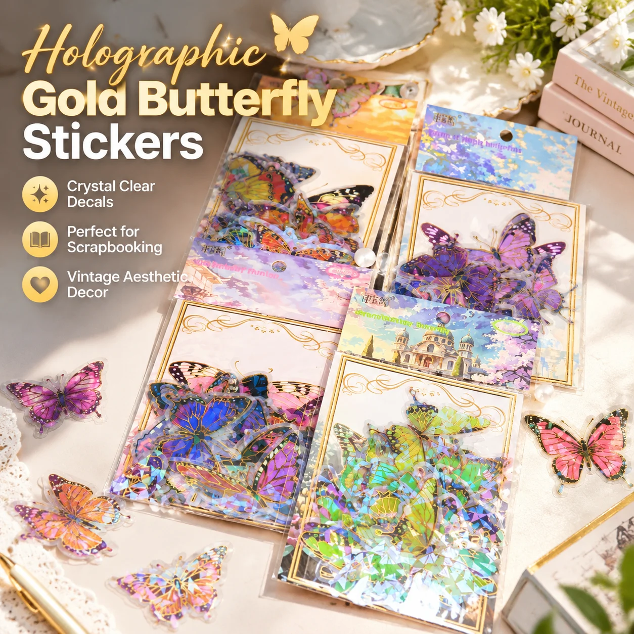 Holographic Gold PET Butterfly Stickers Clear Crystal Decals for Scrapbooking DIY Journal Vintage Aesthetic Decor