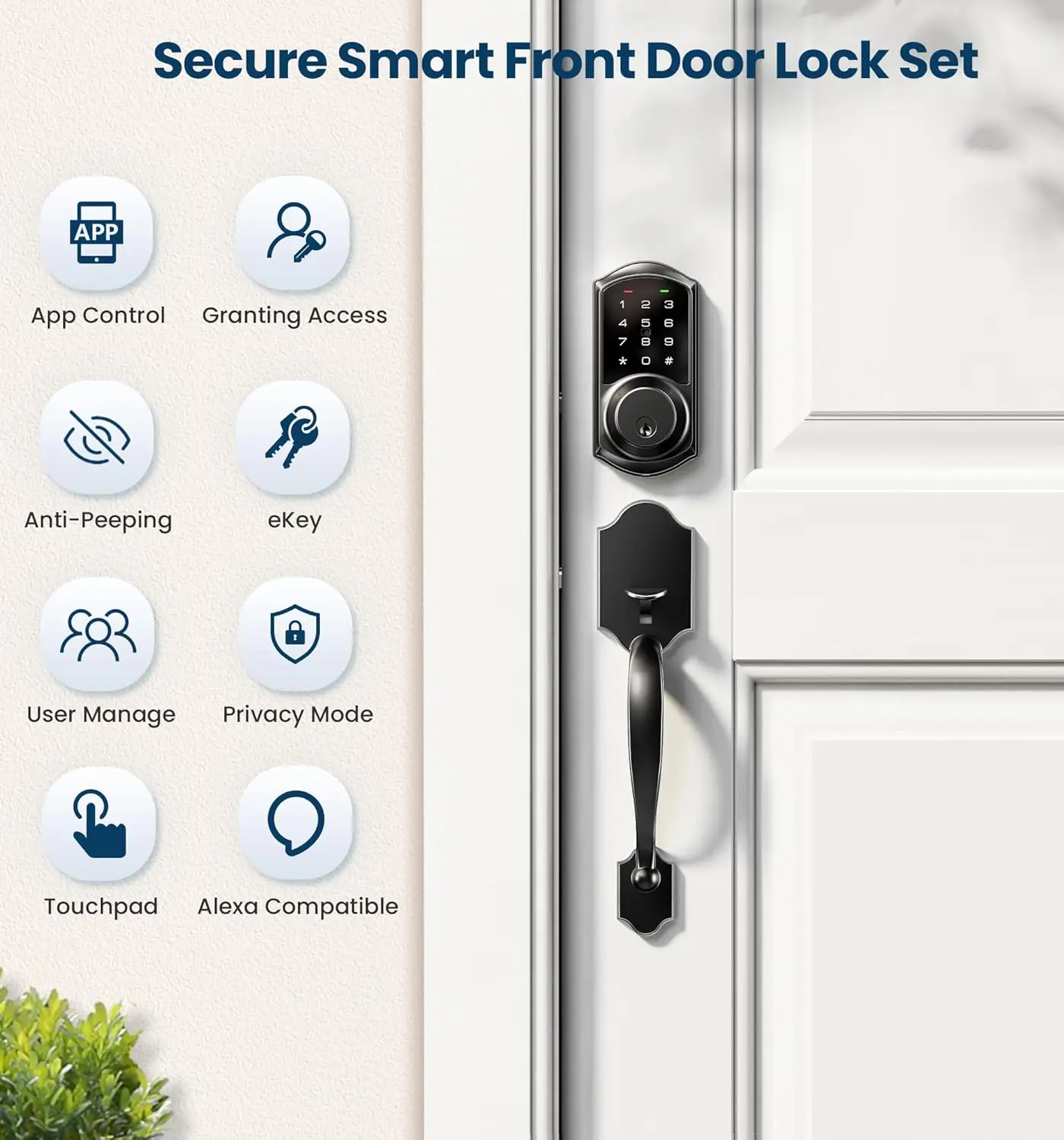 Veise-Smart Front Door Lock Set, App Controle, Keyless Entry, Deadbolt com Alavanca Handle, Auto Lock, fácil instalação, preto fosco