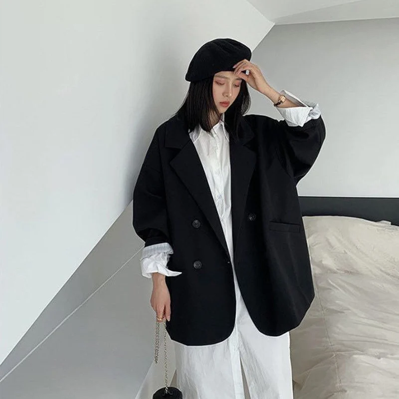 Vintage Blazers Women Elegant Solid Loose Coat Spring Fall Casual Oversized Suit Office Lady Work Long Sleeve Minimalist Jacket