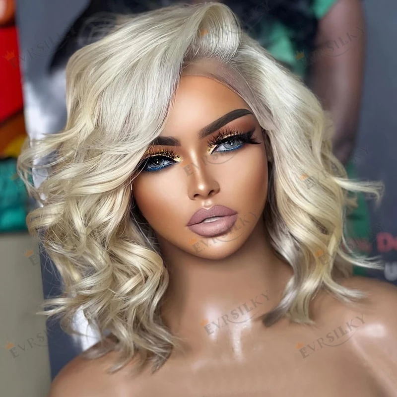 

Side Part Short Bob Platinum Blonde Body Wave Human Hair Wigs for Black Women Transparent 13x6 Lace Front Wigs Natural Hairline