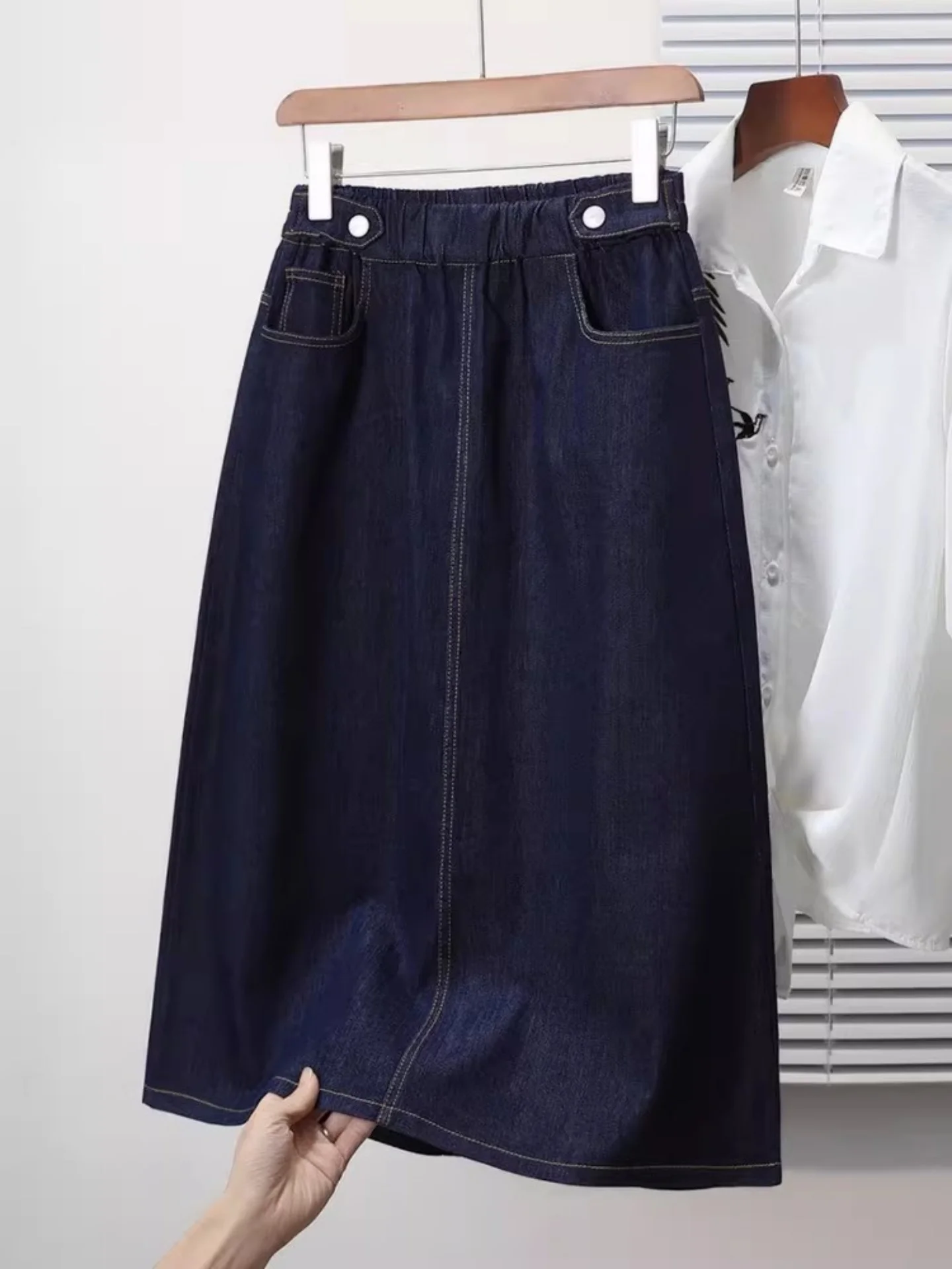 

plus Size Women's Mid-Length Straight Leg Denim Skirt High Waist Elastic Waisand Cover Hip Spring Season Faion Korean Sle