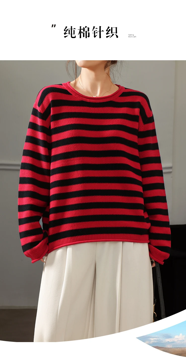 Fashion 100% pure cotton women's sweater autumn and winter casual striped knitted top loose Korean round neck women's pullover