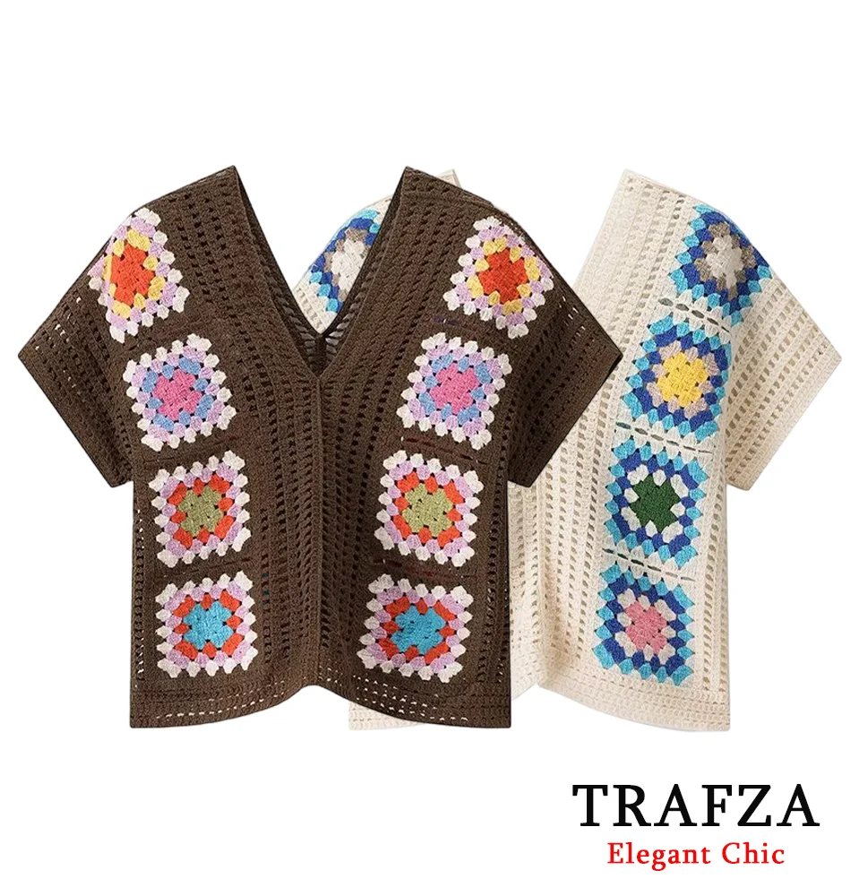 

TRAFZA Lady Casual Crochet Knit Tops Summer Holidays Cute V-Neck Tops 2025 Fashion High Street Romantic Women Short Sleeve Top