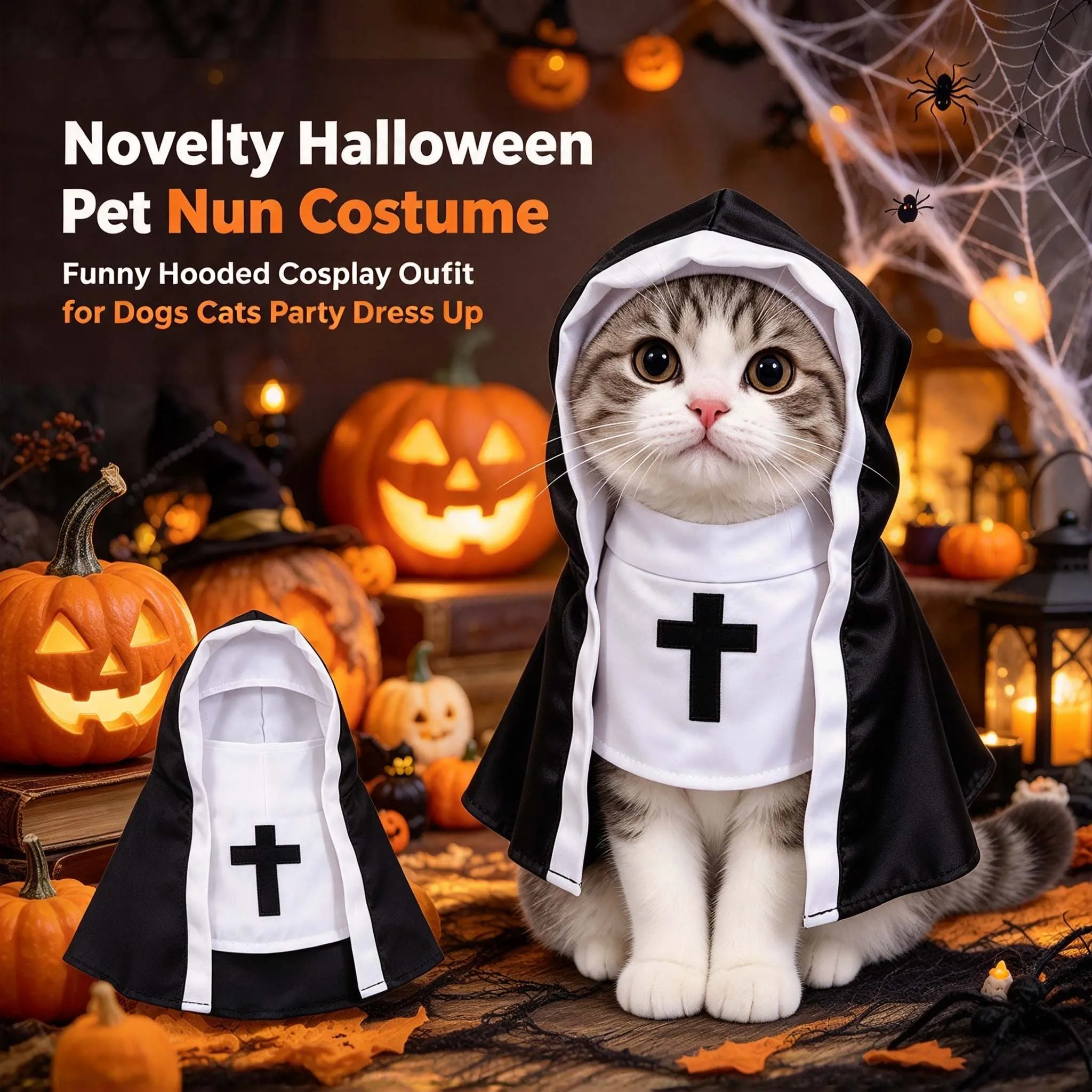 Creative Themed Pet Nun Costume Halloween Hooded Outfit for Small Medium Dogs Cats Cute Party Photo Prop Dress Up Wear