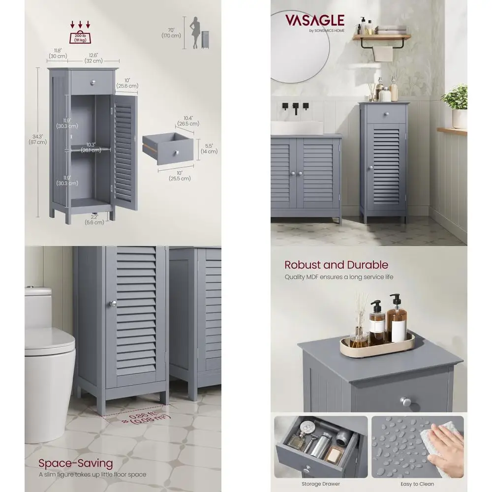 Slim Floor Cabinet with Drawer and Shutter Door, Ideal for Living Room or Bathroom, 11.8 x 12.6 x 34.3, Gray