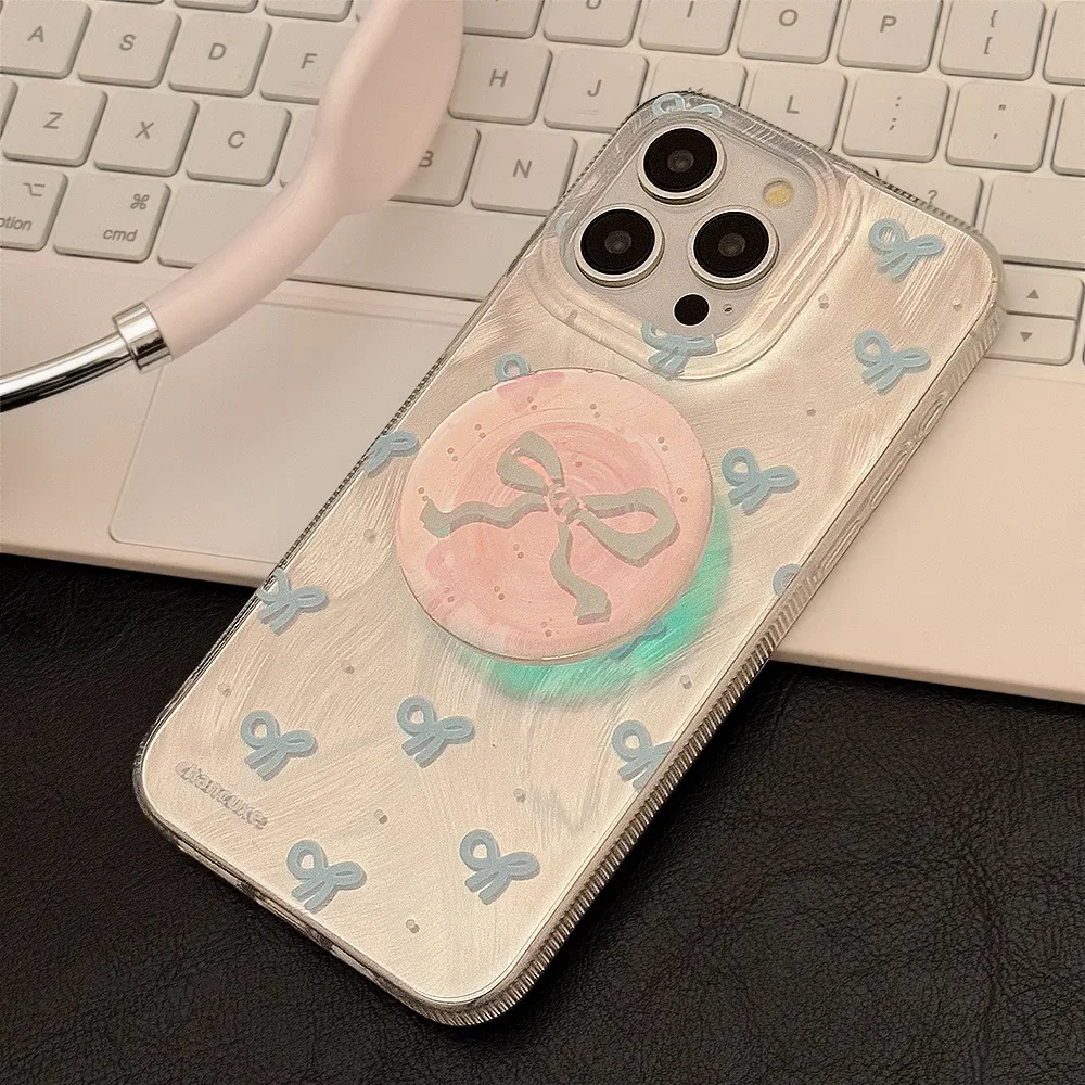 Korean Blue Bowknot Phone Case With Laser Bracket For iPhone 17 Air 15 14 13 12 11 16 Pro Max Shockproof Protective Hard Cover - view 4