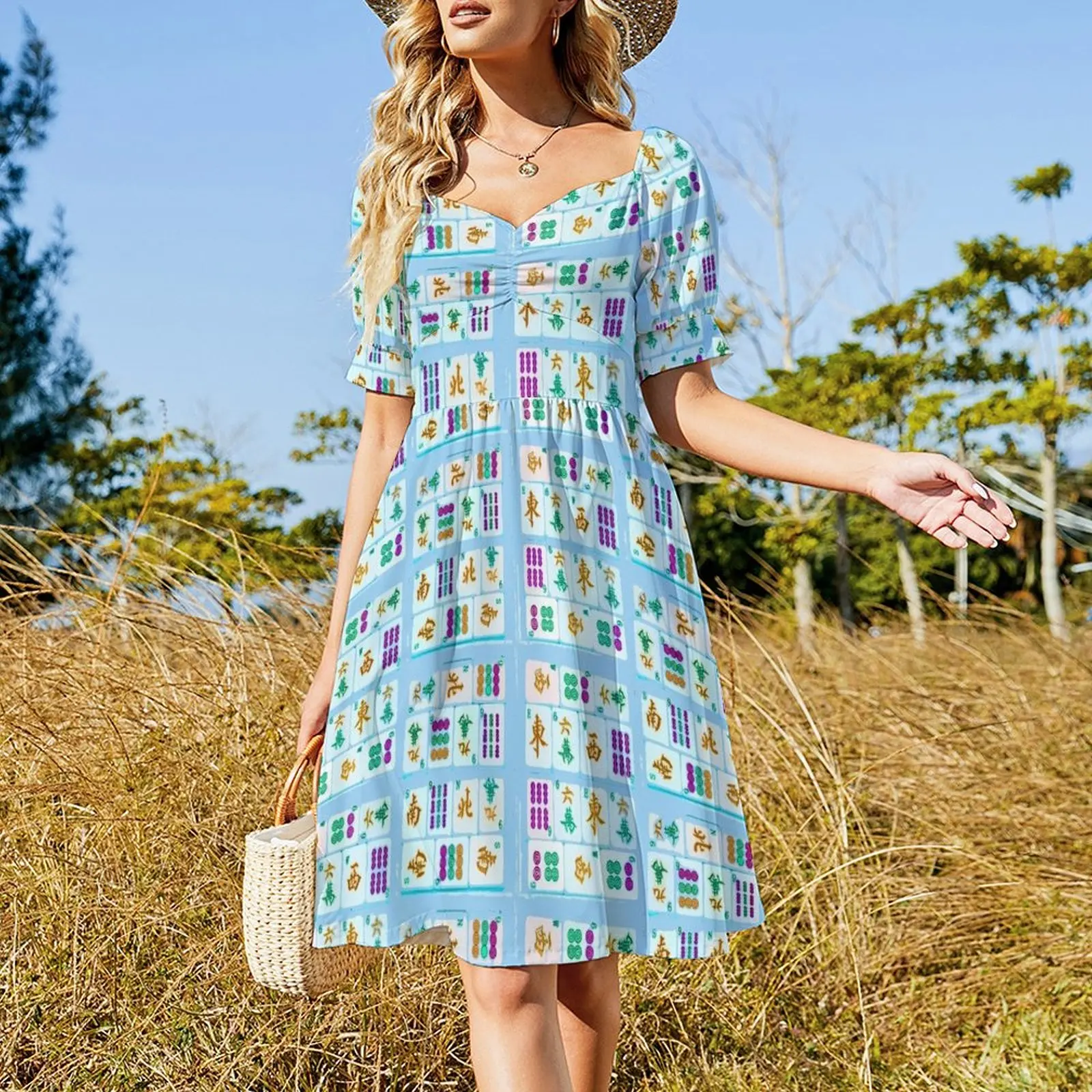 Turquoise small tiles Short Sleeved Dress summer women's suit evening dress ladies dresses for women Dress