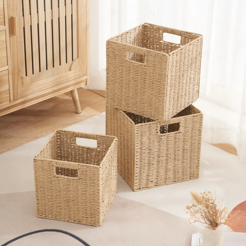 Woven Cube Foldable Storage Bins Basket Organizer with Handle Organizing Laundry Cube Furniture Shelving in Closet Basket