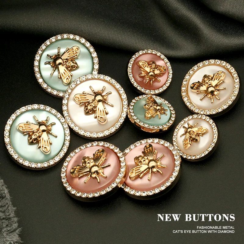 New Arrival Antique Rhinestone Decor Metal Gold Bee Pink Blue Pearl Buttons For Clothes Coat Cardigan Sweater Sew Needlework 6PC