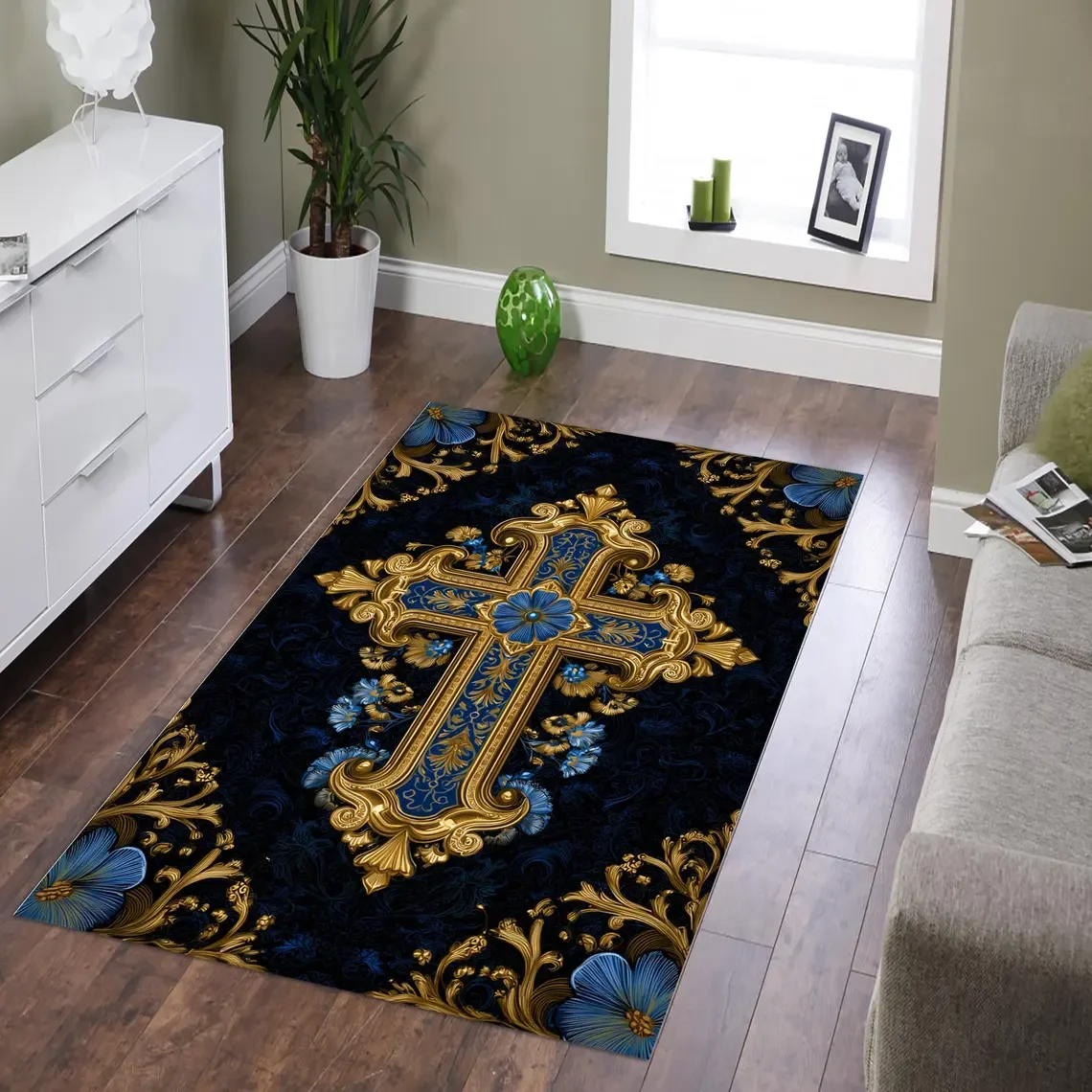 Christian Prayer Rug, Blue Gold Cross, Religious Decor Carpet for Living Room Floor Bedroom  Rugs Sofa Mats Home Decoration
