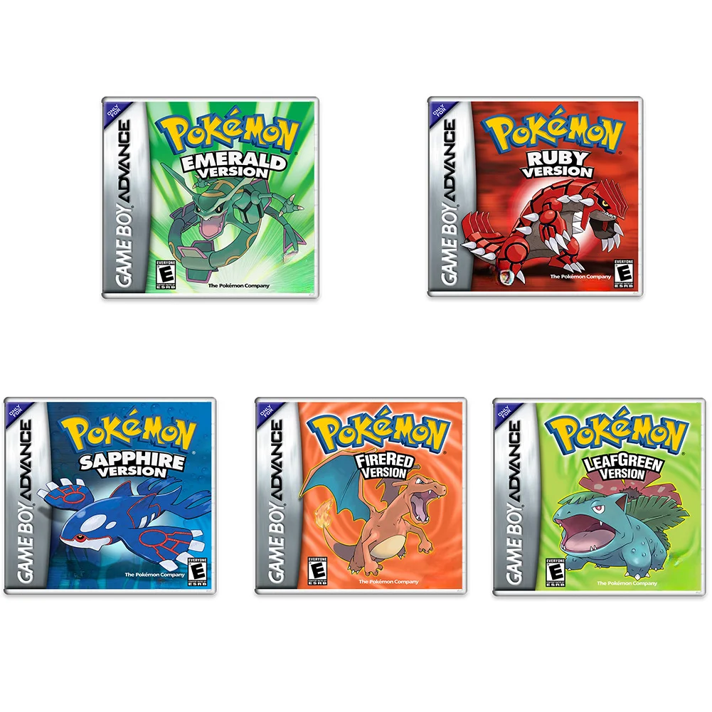 GBA Game Card Pokémon Fire Red, Leaf Green, Ruby, Sapphire High Definition Vector Cover Box, American Version of English Game