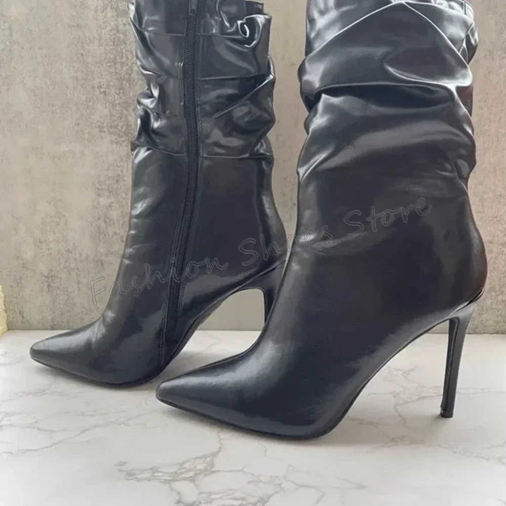 Zwarte Zijrits Geplooide Laarzen Puntschoen Dunne Hoge Hakken Hoge Hak Schoenen voor Vrouwen Mode Hakken 2025, Nieuwe Zapatos Para Mujere
