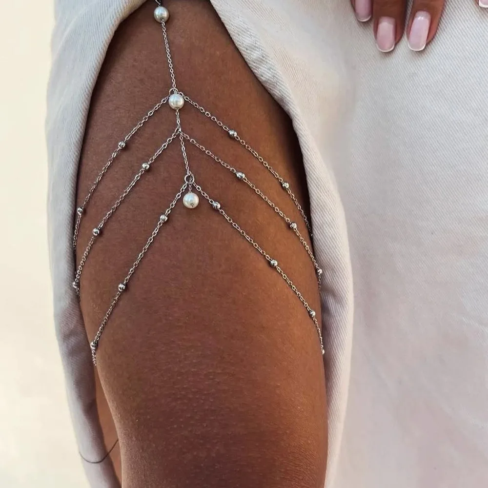 Layered Gold Thigh Chain Jewelry for Women Pearl Pendant Beads Bikini Body Chain Elastic Leg Garters for Thigh Party Gift