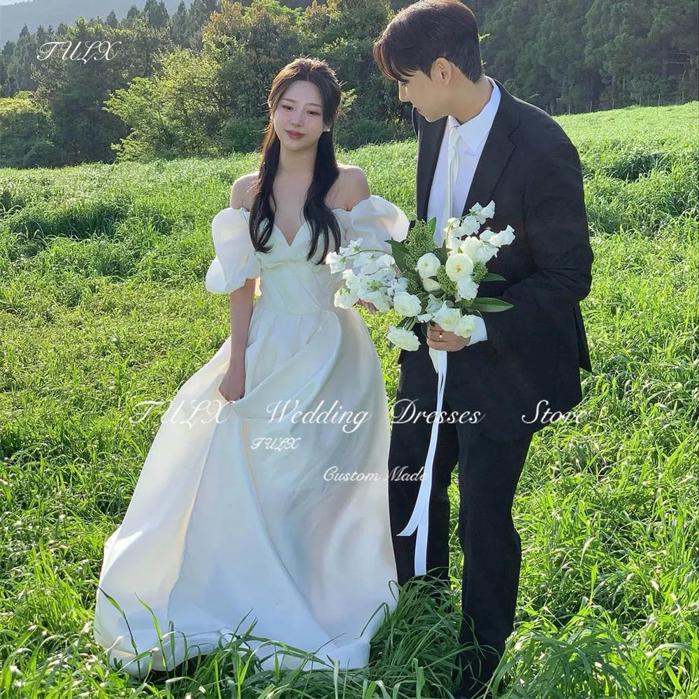 Tulx coreia jardim sessão de fotos com decote em v manga bufante vestidos de casamento de princesa cetim elegante longo vestido de noiva espartilho nne incluído personalizado