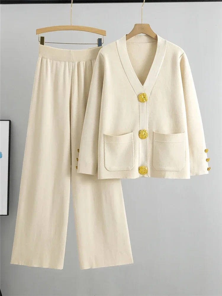 Fall Winter Women's Knit Sweater Sets New Large Gold Button V-neck Cardigan Coats Conjunto High Waist Baggy Wide Leg Pants Suits