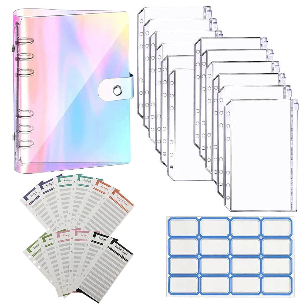 

Zipper Envelopes PVC Cash Binder Money Organizer Portable Budget Planner Self Adhesive Stickers Coins Checks Cards Receipts A6