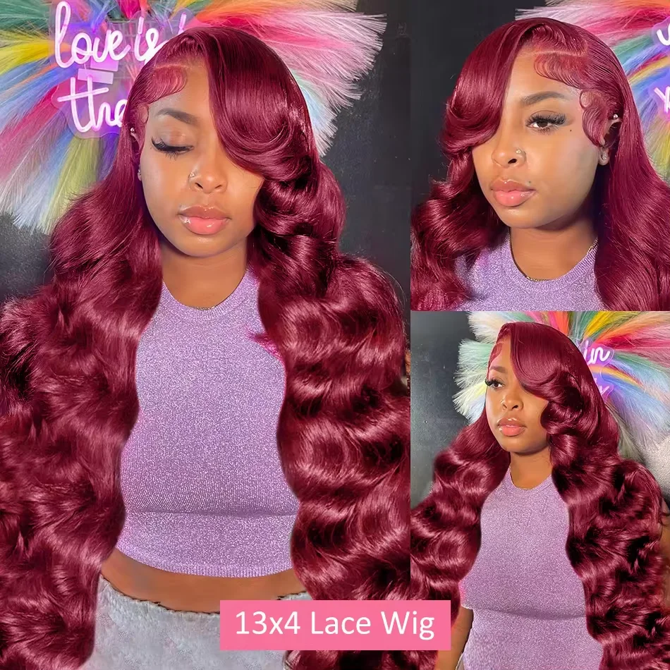 30 32 Inch 200 Density 99J Burgundy 13x6 Lace Frontal Wigs Red Colored Body Wave 13x4 HD Transparent Human Hair Wigs For Women