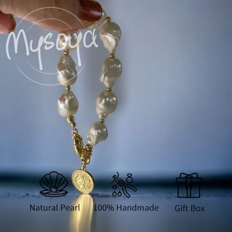 

MYSOYA 11-13 мм большой белый браслет из пресноводного жемчуга в стиле барокко с подарочной коробкой идеальный подарок на день рождения, свадьбу, годовщину, ювелирное изделие