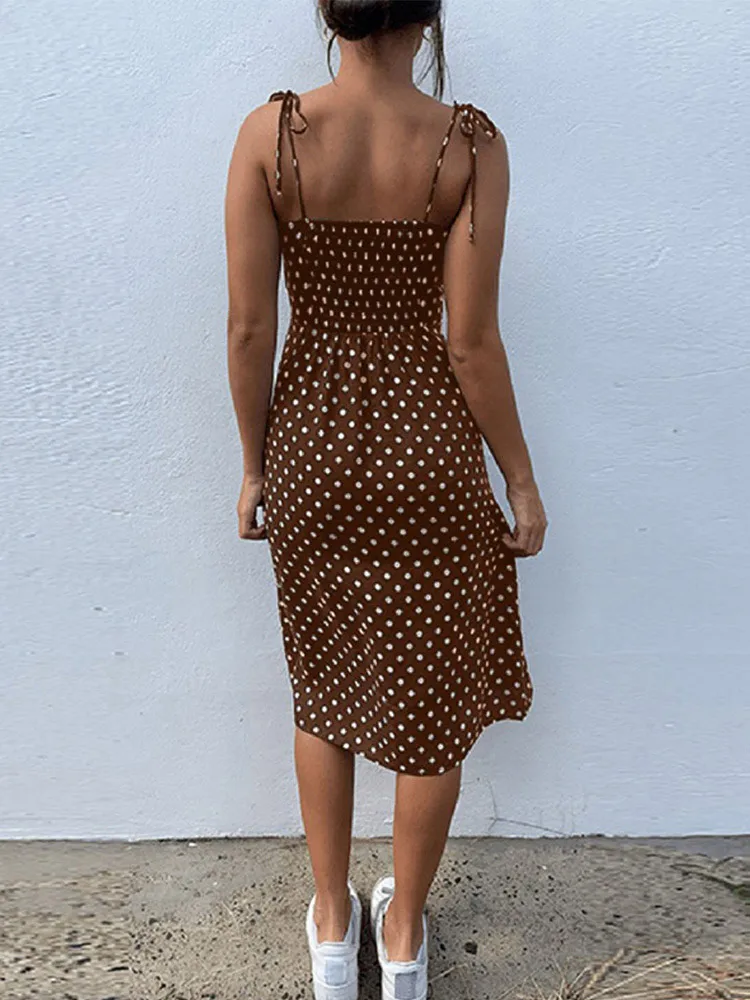 Jurken Zonnejurk Zomer Vrouwen Causale Polka Dot Mouwloze Hoge Geplooide elastische taille V-hals Strand Jurk Vestidos De Verano