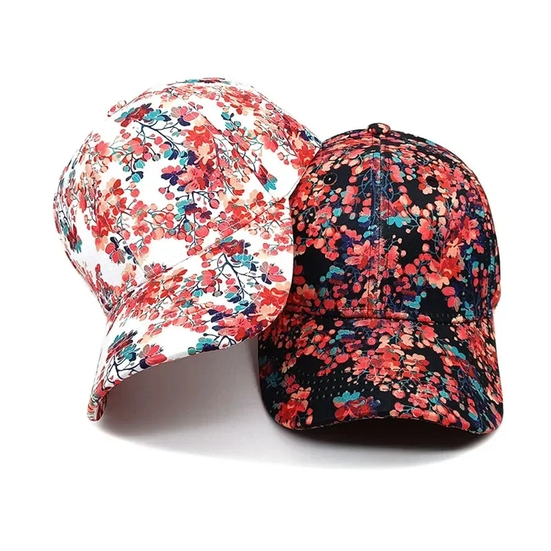 Four Seasons Polyester Flower Print Casquette Baseball Cap Adjustable Outdoor Snapback Hats for Women 28