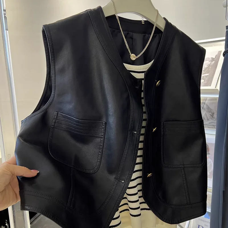 Black O-Neck Vest Women Sleeveless Waistcoat Office Single Breasted Suit Vest Woman Cropped Tops Casual Vest 2025 leather vest
