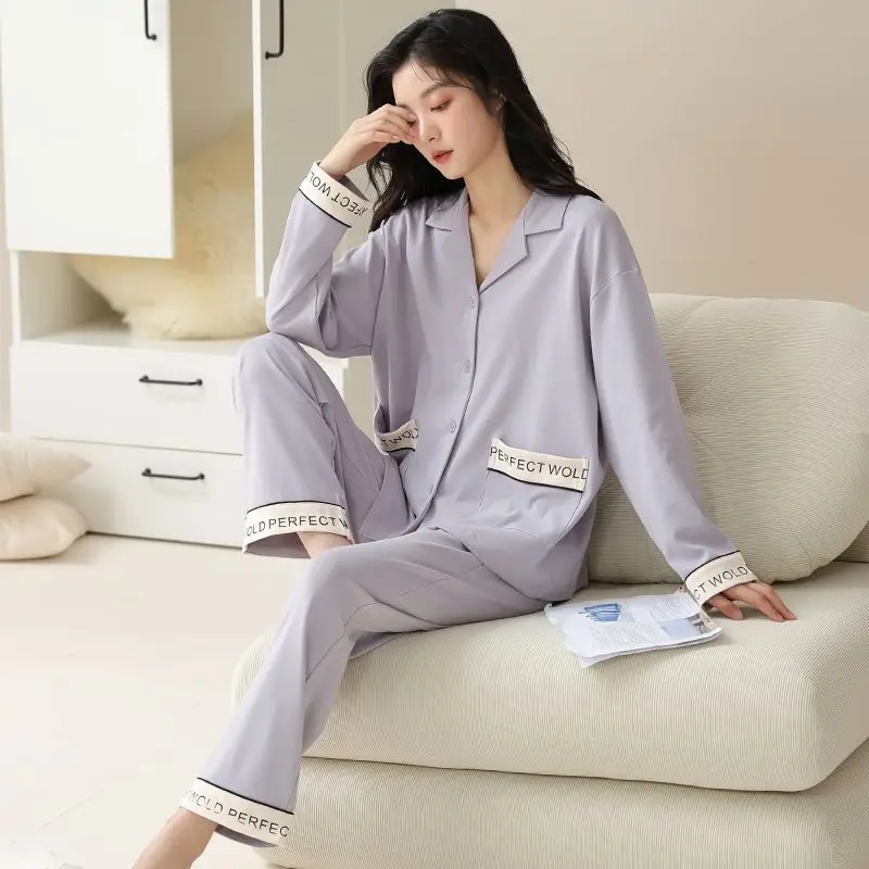 Pajamas Women's 2025 New 100% Cotton Pijama Mujer Simple Long-sleeve Long Pant Casual Large Size Comfortable Loungewear Suit