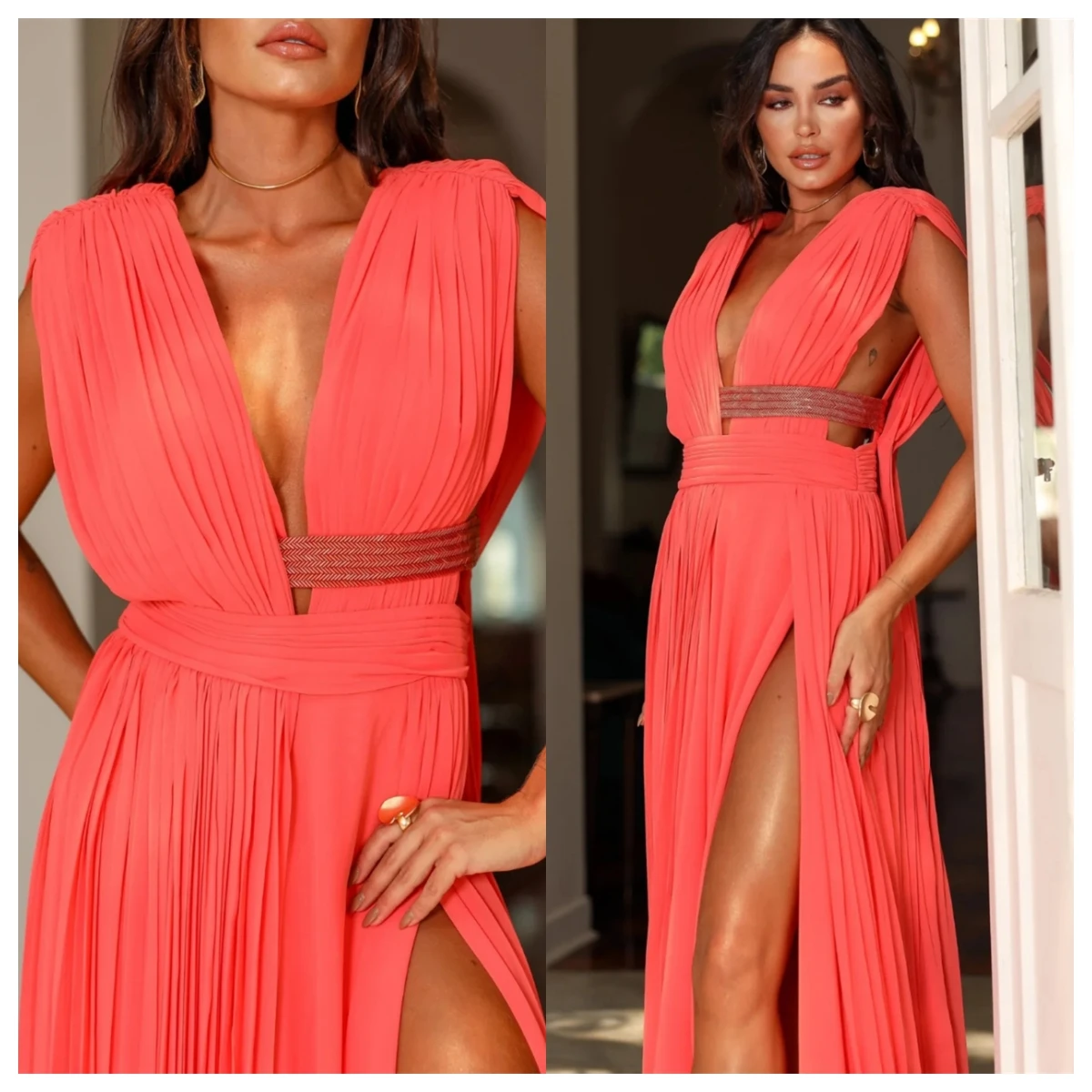 

Customized Classic Orange red Chiffon Evening Dress V-Neck Sleeveless Bridal Party Special Occasion Gowns Temperament Sexy