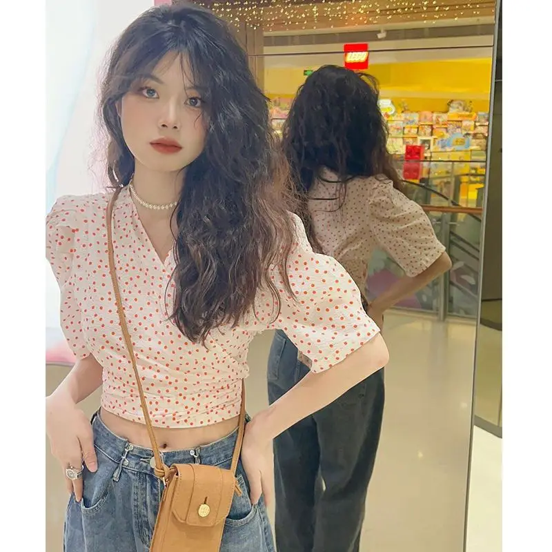 

Blouse Women Summer Dot Lace-Up Cropped Design Chic Retro Sweet Ladies Puff Sleeve All-Match Fashion Casual Popular Ulzzang Ins