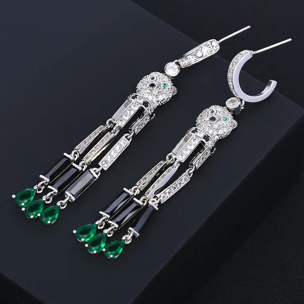 

Серьги-подвески из серебра 925 пробы с леопардовым узором и фианитами, черно-зеленые багетные подвески, сверкающие роскошные украшения для вечеринок для женщин