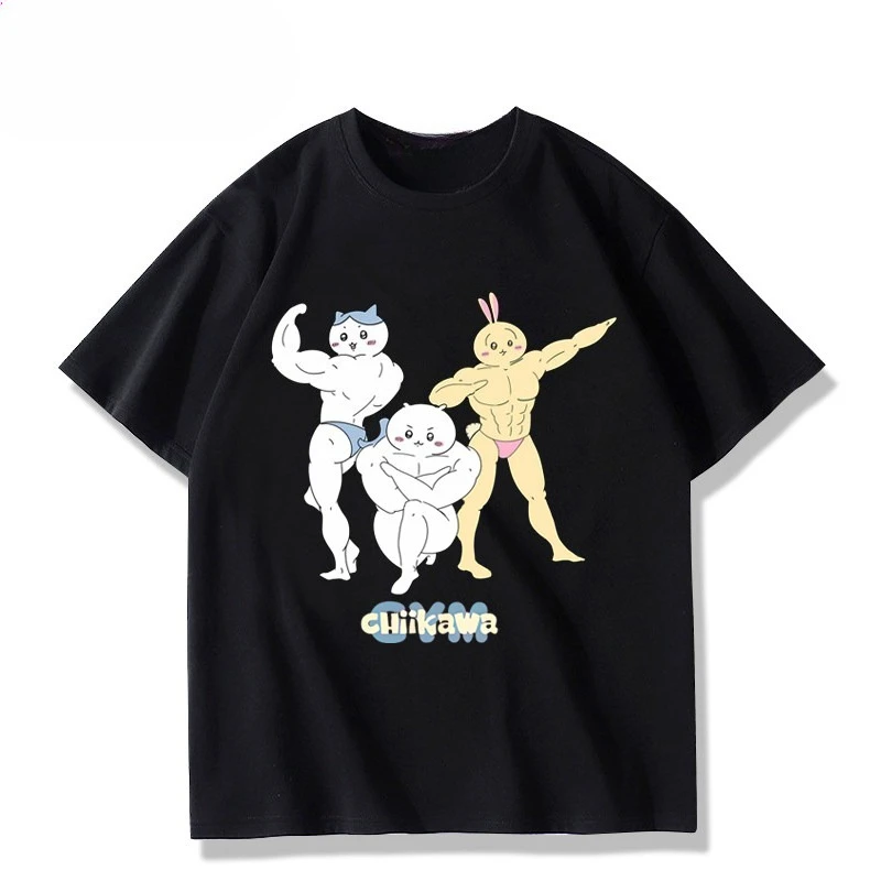 Chiikawa Muscle Anime Graphic T-Shirt Kawaii Gym Bro Unisex Oversize Loose Casual Short Sleeve Cotton Top for Men Women