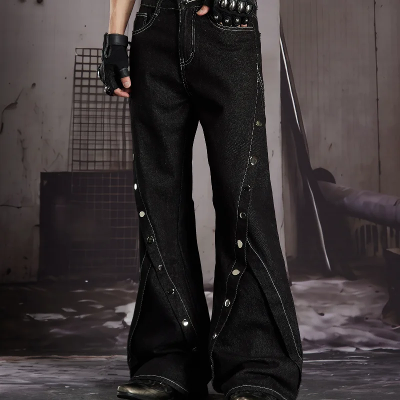 MWJLPWQ Contrast Stitch Flare Denim Jean Side Split Metal Rivet Decor High Waist Men Gothic Punk Street Loose Casual Pants 16963